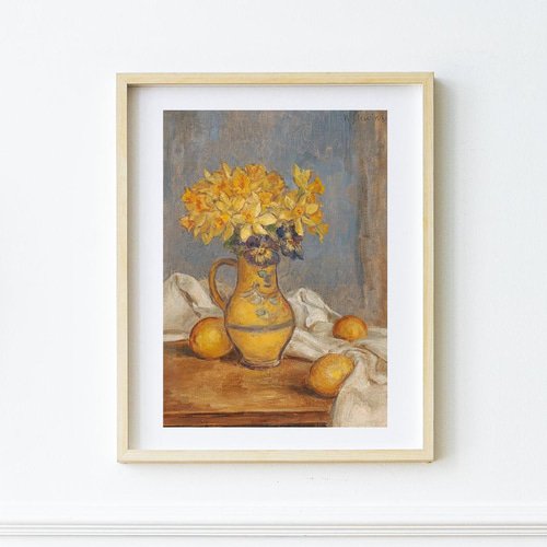 水仙とレモン絵画フラワーアートポスター☆黄色おしゃれアンティーク