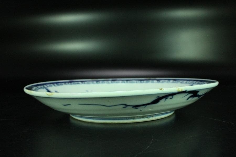中国美術 青花 馬上武人紋 盤 φ21cm 古染付 清(K-RC962)