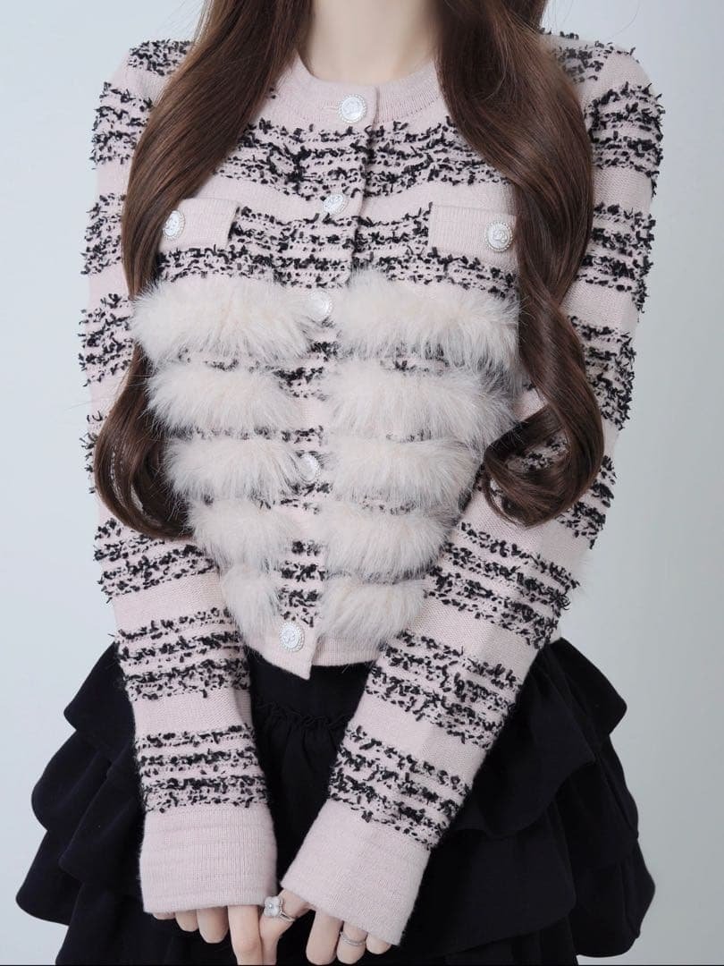 lumignon tweed-like fur knitブラック×ピンク Lumignon tweed-like fur knitブラック×ピンク - トップスオンライン